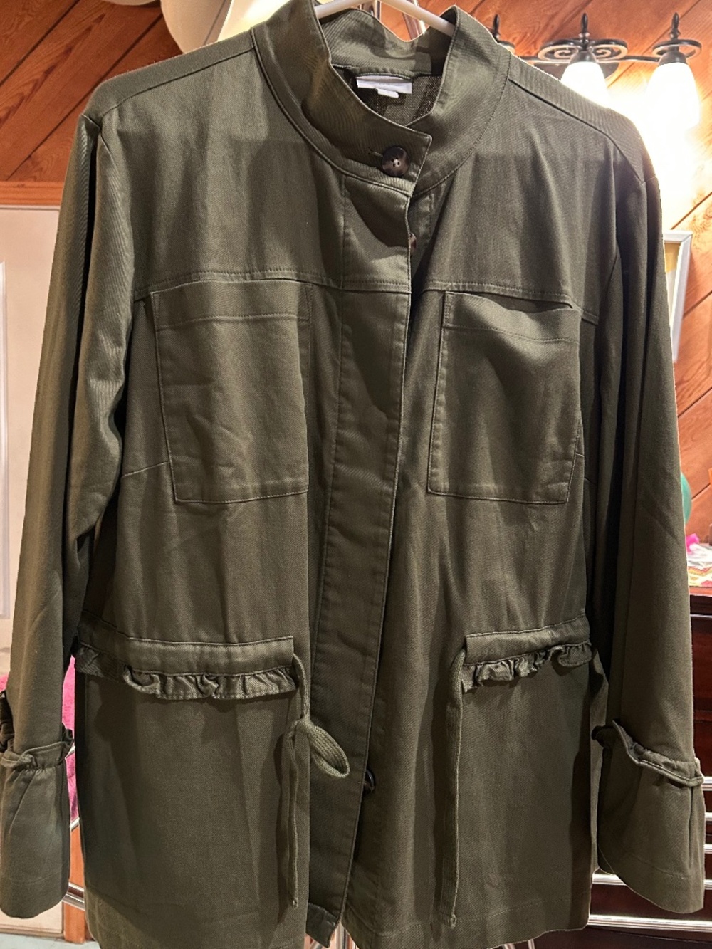 J Jill XL Olive Green Anorak Tie Waist Ruffle Safari Jacket